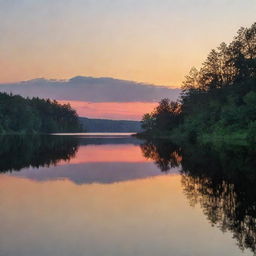 A scenic view of a peaceful sunset over a serene, still lake.