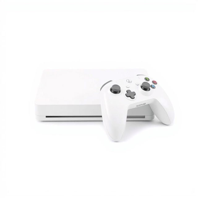 A white rectangular gaming device paired with a matching white wireless controller, all set against a seamless white background