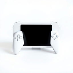 A white rectangular gaming device paired with a matching white wireless controller, all set against a seamless white background