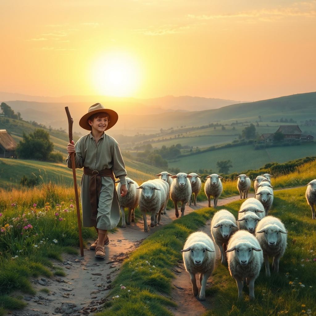 A historical scene set in 1576, featuring a young shepherd walking with his flock of sheep across a picturesque countryside