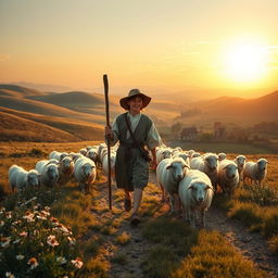 A historical scene set in 1576, featuring a young shepherd walking with his flock of sheep across a picturesque countryside