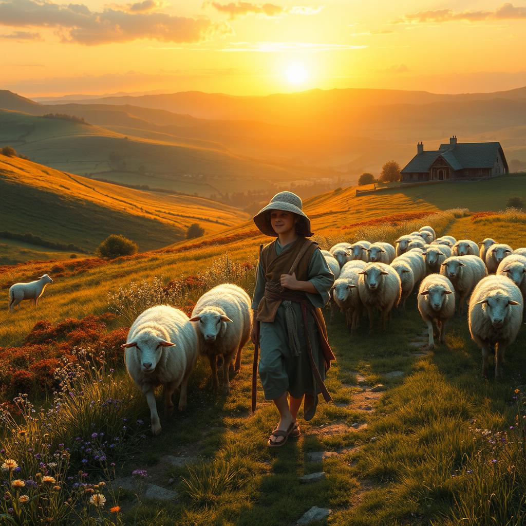 A historical scene set in 1576, featuring a young shepherd walking with his flock of sheep across a picturesque countryside