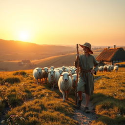 A historical scene set in 1576, featuring a young shepherd walking with his flock of sheep across a picturesque countryside