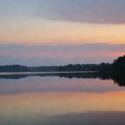 A scenic view of a peaceful sunset over a serene, still lake.