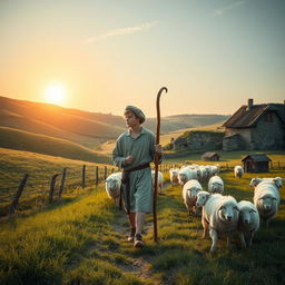 A historical scene set in 1576, featuring a teenage shepherd walking with his flock of sheep in a picturesque rural landscape