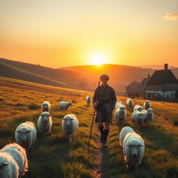 A historical scene set in 1576, featuring a teenage shepherd walking with his flock of sheep in a picturesque rural landscape