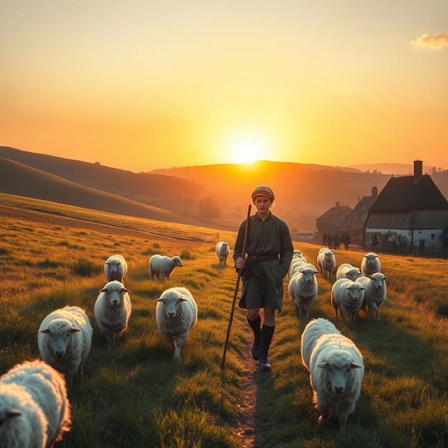 A historical scene set in 1576, featuring a teenage shepherd walking with his flock of sheep in a picturesque rural landscape