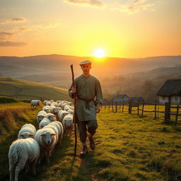 A historical scene set in 1576, featuring a teenage shepherd walking with his flock of sheep in a picturesque rural landscape