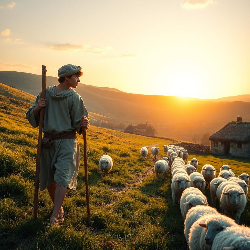 A historical scene set in 1576, featuring a teenage shepherd walking with his flock of sheep in a picturesque rural landscape