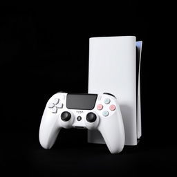 A white gaming device elegantly showcased alongside a matching white wireless controller, set against a deep black background