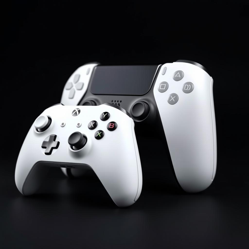 A white gaming device elegantly showcased alongside a matching white wireless controller, set against a deep black background