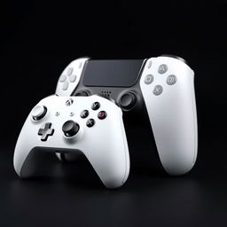 A white gaming device elegantly showcased alongside a matching white wireless controller, set against a deep black background