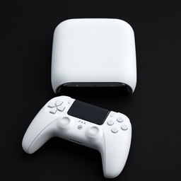 A white gaming device elegantly showcased alongside a matching white wireless controller, set against a deep black background