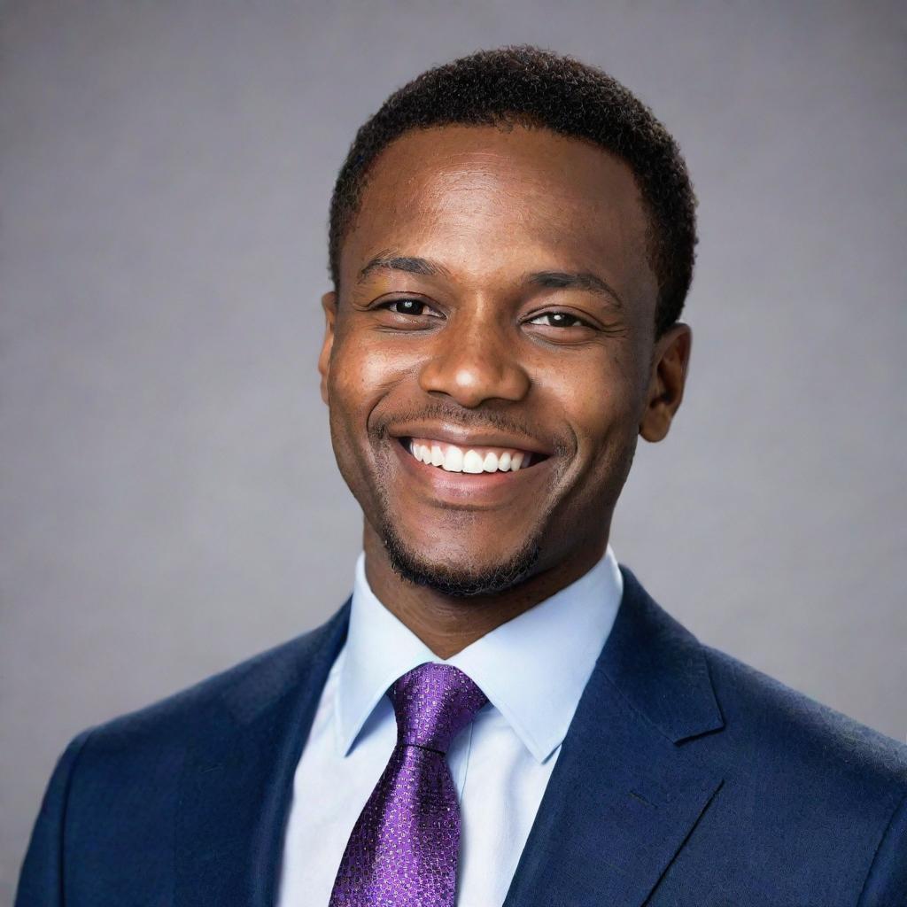 A snazzy portrait of a Black man, wearing a classy suit and tie and exuding a confident, distinguished aura. He has a vibrant sly smile and crisp, sparkling eyes.