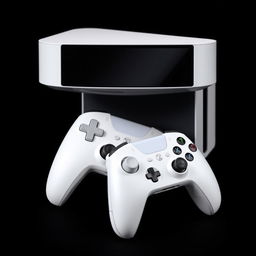 A white gaming device elegantly showcased alongside a matching white wireless controller, set against a deep black background