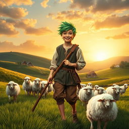 A whimsical historical scene set in 1576, featuring a teenage shepherd with a unique twist—he has spinach-green hair styled playfully