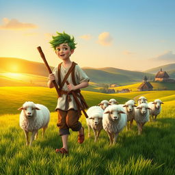 A whimsical historical scene set in 1576, featuring a teenage shepherd with a unique twist—he has spinach-green hair styled playfully