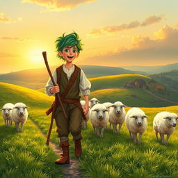 A whimsical historical scene set in 1576, featuring a teenage shepherd with a unique twist—he has spinach-green hair styled playfully