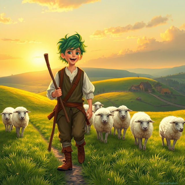 A whimsical historical scene set in 1576, featuring a teenage shepherd with a unique twist—he has spinach-green hair styled playfully