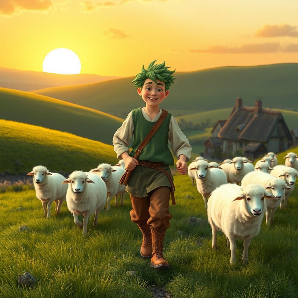 A whimsical historical scene set in 1576, featuring a teenage shepherd with a unique twist—he has spinach-green hair styled playfully