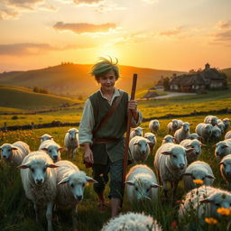 A vivid historical scene set in 1576, showcasing a teenage shepherd with striking spinach-green hair playfully styled