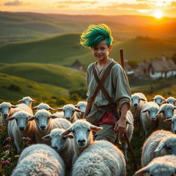 A vivid historical scene set in 1576, showcasing a teenage shepherd with striking spinach-green hair playfully styled