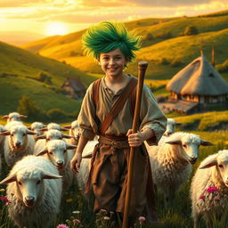 A vivid historical scene set in 1576, showcasing a teenage shepherd with striking spinach-green hair playfully styled