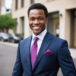 A snazzy portrait of a Black man, wearing a classy suit and tie and exuding a confident, distinguished aura. He has a vibrant sly smile and crisp, sparkling eyes.