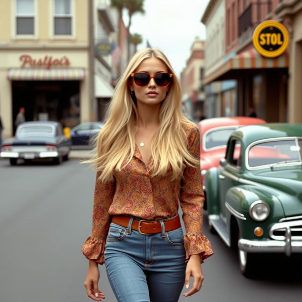 A fashionable woman walking down a street in the 1970s in the United States, exuding confidence and style