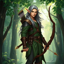 A full-body illustration of a male elf ranger character from Dungeons and Dragons, showcasing his tall and graceful physique