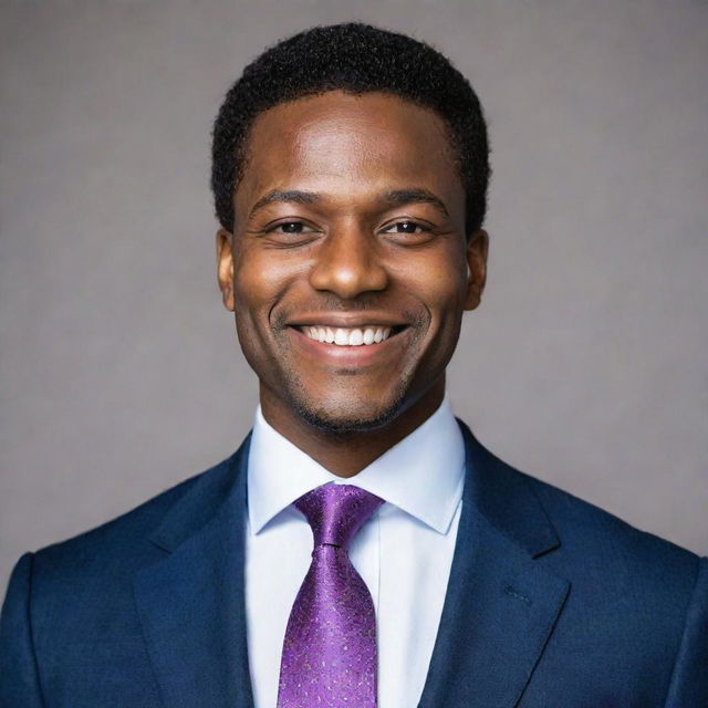 A snazzy portrait of a Black man, wearing a classy suit and tie and exuding a confident, distinguished aura. He has a vibrant sly smile and crisp, sparkling eyes.