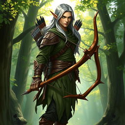 A full-body illustration of a male elf ranger character from Dungeons and Dragons, showcasing his tall and graceful physique