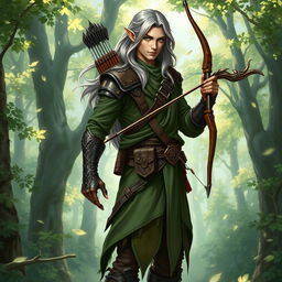 A full-body illustration of a male elf ranger character from Dungeons and Dragons, showcasing his tall and graceful physique