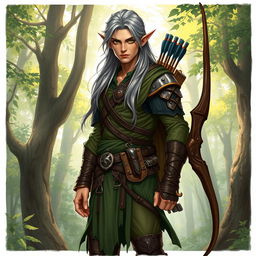 A full-body illustration of a male elf ranger character from Dungeons and Dragons, showcasing his tall and graceful physique