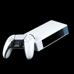 A sleek white gaming device accompanied by a matching white wireless controller, dramatically displayed against a deep black background