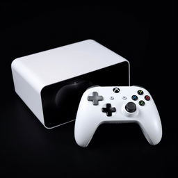 A sleek white gaming device accompanied by a matching white wireless controller, dramatically displayed against a deep black background