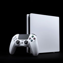 A sleek white gaming device accompanied by a matching white wireless controller, dramatically displayed against a deep black background