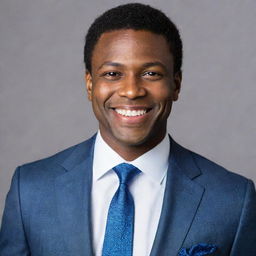 A snazzy portrait of a Black man, wearing a classy suit and tie and exuding a confident, distinguished aura. He has a vibrant sly smile and crisp, sparkling eyes.