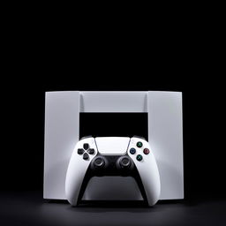 A sleek white gaming device accompanied by a matching white wireless controller, dramatically displayed against a deep black background