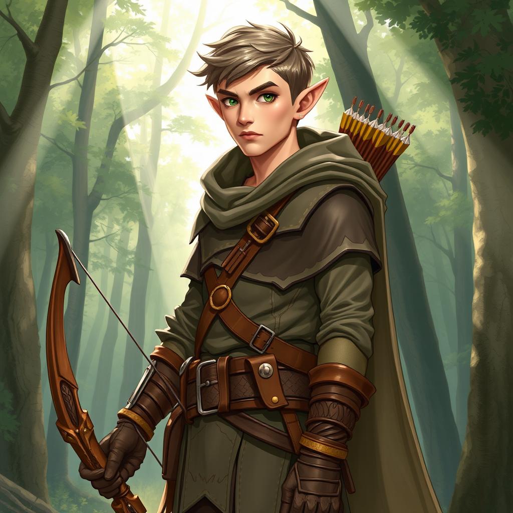 A full-body illustration of a male elf ranger character from Dungeons and Dragons with short hair, showcasing his lean and athletic build