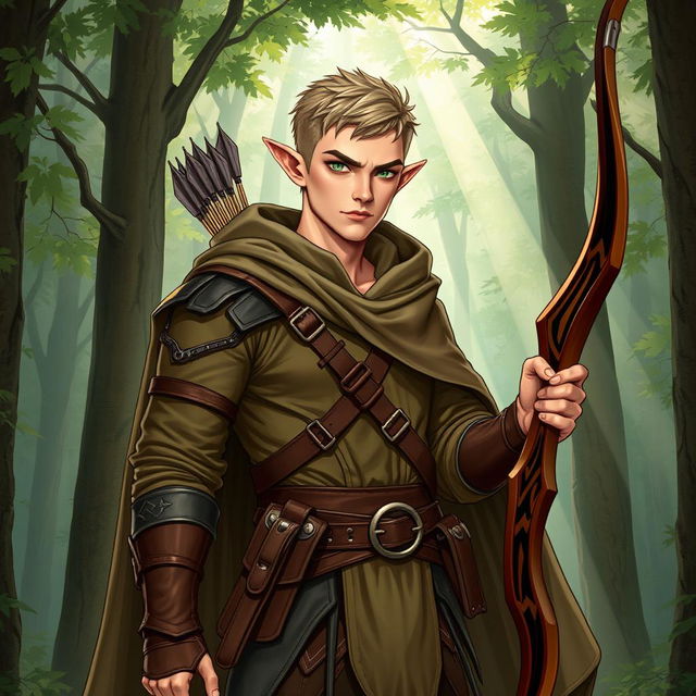 A full-body illustration of a male elf ranger character from Dungeons and Dragons with short hair, showcasing his lean and athletic build