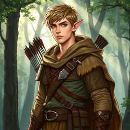 A full-body illustration of a male elf ranger character from Dungeons and Dragons with short hair, showcasing his lean and athletic build