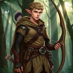 A full-body illustration of a male elf ranger character from Dungeons and Dragons with short hair, showcasing his lean and athletic build