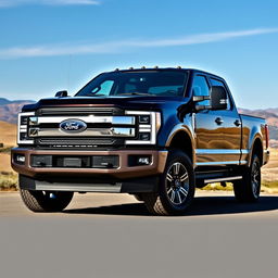 An impressive 2025 Ford F100 V8 diesel truck, showcasing its bold and muscular design with a shiny exterior