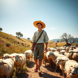 A picturesque historical scene set in 1576 Spain, featuring a teenage shepherd with sun-kissed skin and rustic clothing typical of the era