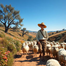 A picturesque historical scene set in 1576 Spain, featuring a teenage shepherd with sun-kissed skin and rustic clothing typical of the era