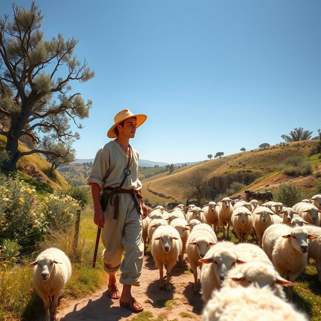 A picturesque historical scene set in 1576 Spain, featuring a teenage shepherd with sun-kissed skin and rustic clothing typical of the era