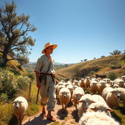 A picturesque historical scene set in 1576 Spain, featuring a teenage shepherd with sun-kissed skin and rustic clothing typical of the era