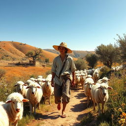 A picturesque historical scene set in 1576 Spain, featuring a teenage shepherd with sun-kissed skin and rustic clothing typical of the era