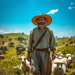 A serene historical scene set in 1576 Spain, featuring a mature shepherd man with weathered features, dressed in traditional rustic attire, complete with a wide-brimmed straw hat and a simple tunic